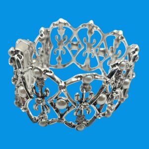 Vtg Monet bracelet Silver-Tone Filigree Faux Pearls Rhinestones womens Jewelry